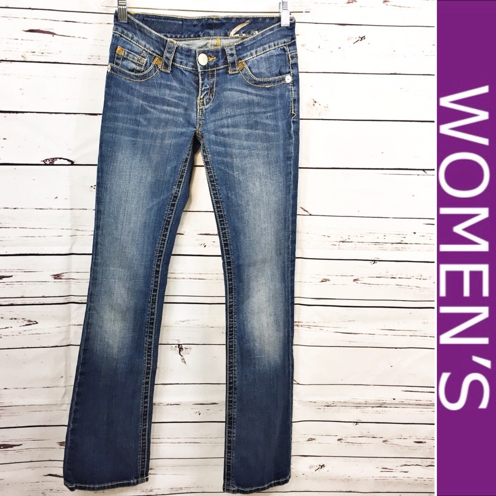 Seven7 Medium Wash Embroidered Pocket Blue Jeans